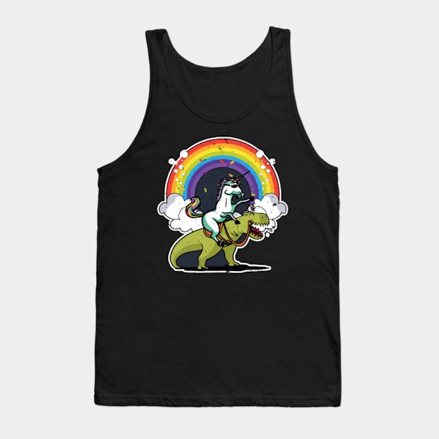 Unicorn Riding Dinosaur T Rex T Shirt Rainbow Tank Top by Xizin Gao